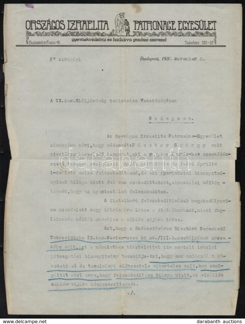 1932 Bp., Az Országos Izraelita Patronage Egyesület Gyermekvédelmi és Hadiárva Gondozó Szervezetének Fejléces Levélpapír - Other & Unclassified