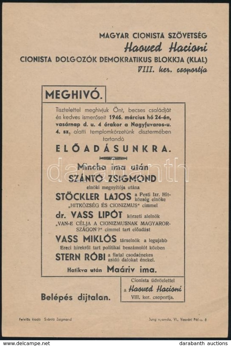 1946  A Magyar Cionista Szövetség Meghívója Előadásra - Other & Unclassified