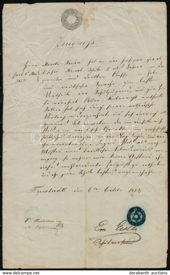 1854 A Freistadti Izr. Hitközség Okmánya Pecséttel és 6kr Szignettával  / Freistadt Austria Document With Israelit Seal - Autres & Non Classés