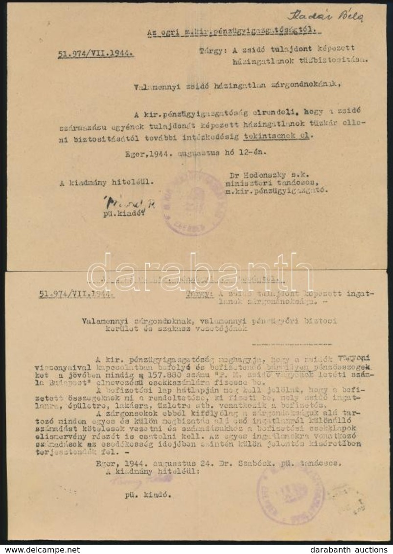 1944 Eger, Zsidó Házingatlanok Gondnokainak Szóló Körlevél 3 Db - Sonstige & Ohne Zuordnung