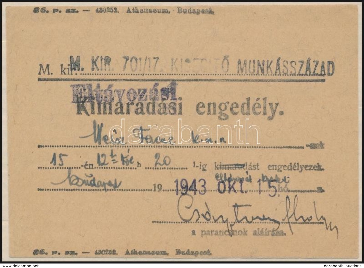 1943 Munkaszolgálatos Eltávozási Engedélye - Autres & Non Classés