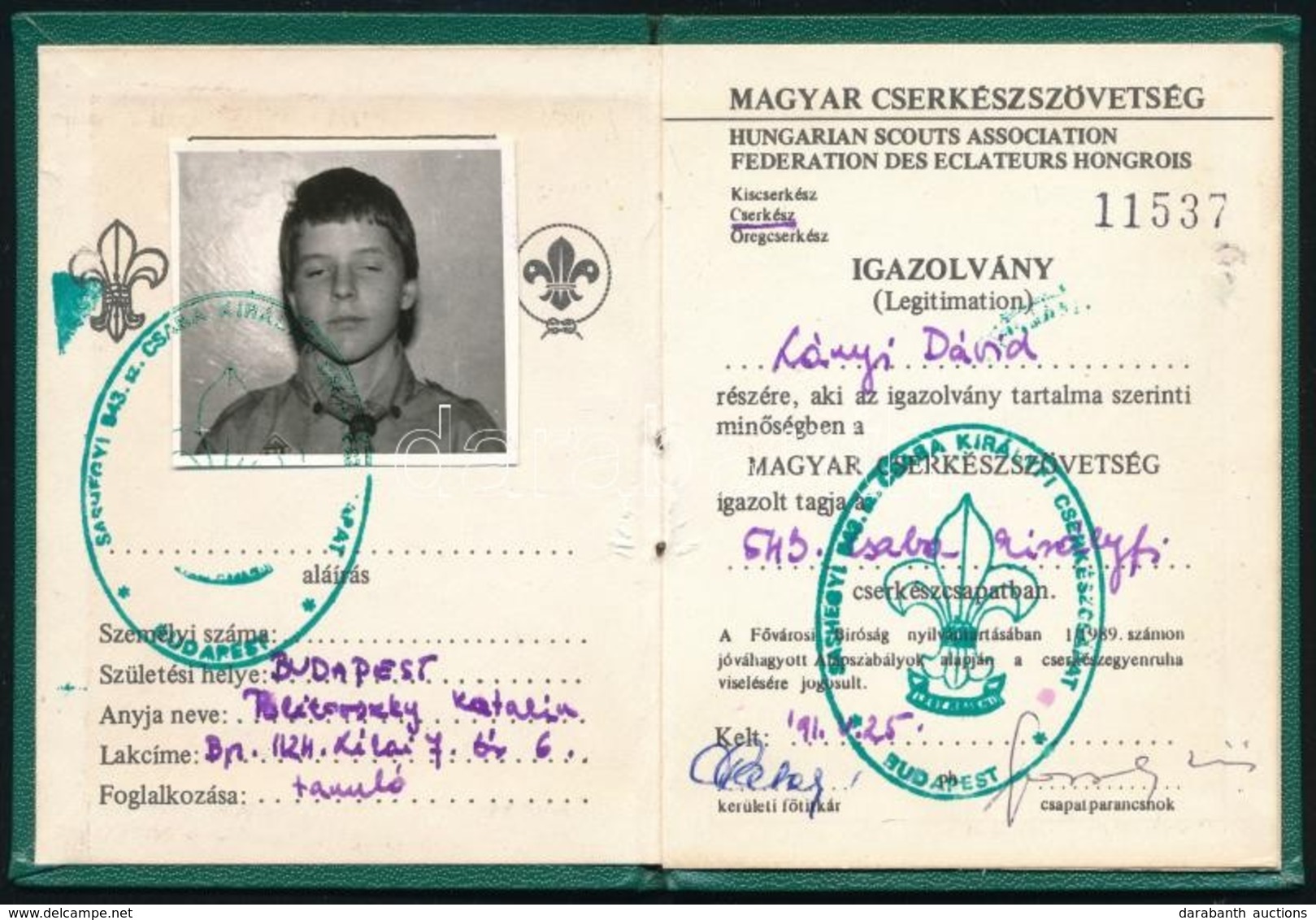 1991 A Magyar Cserkészszövetség Fényképes Igazolványa Cserkész Részére - Movimiento Scout