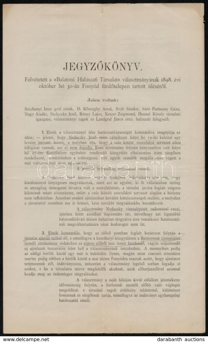 1898 A Balatoni Halászati Társulat ülésének Jegyzőkönyve 4p. - Sonstige & Ohne Zuordnung