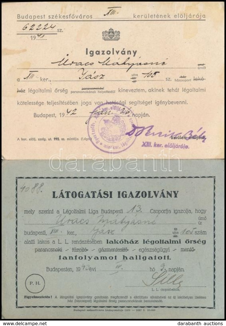 1942-1943 2 Db Légoltalmi Igazolvány: Légoltalmi őrség Eü. Tanfolyamról Illetve Légoltalmi őrség Parancsnokhelyettesi Ki - Other & Unclassified