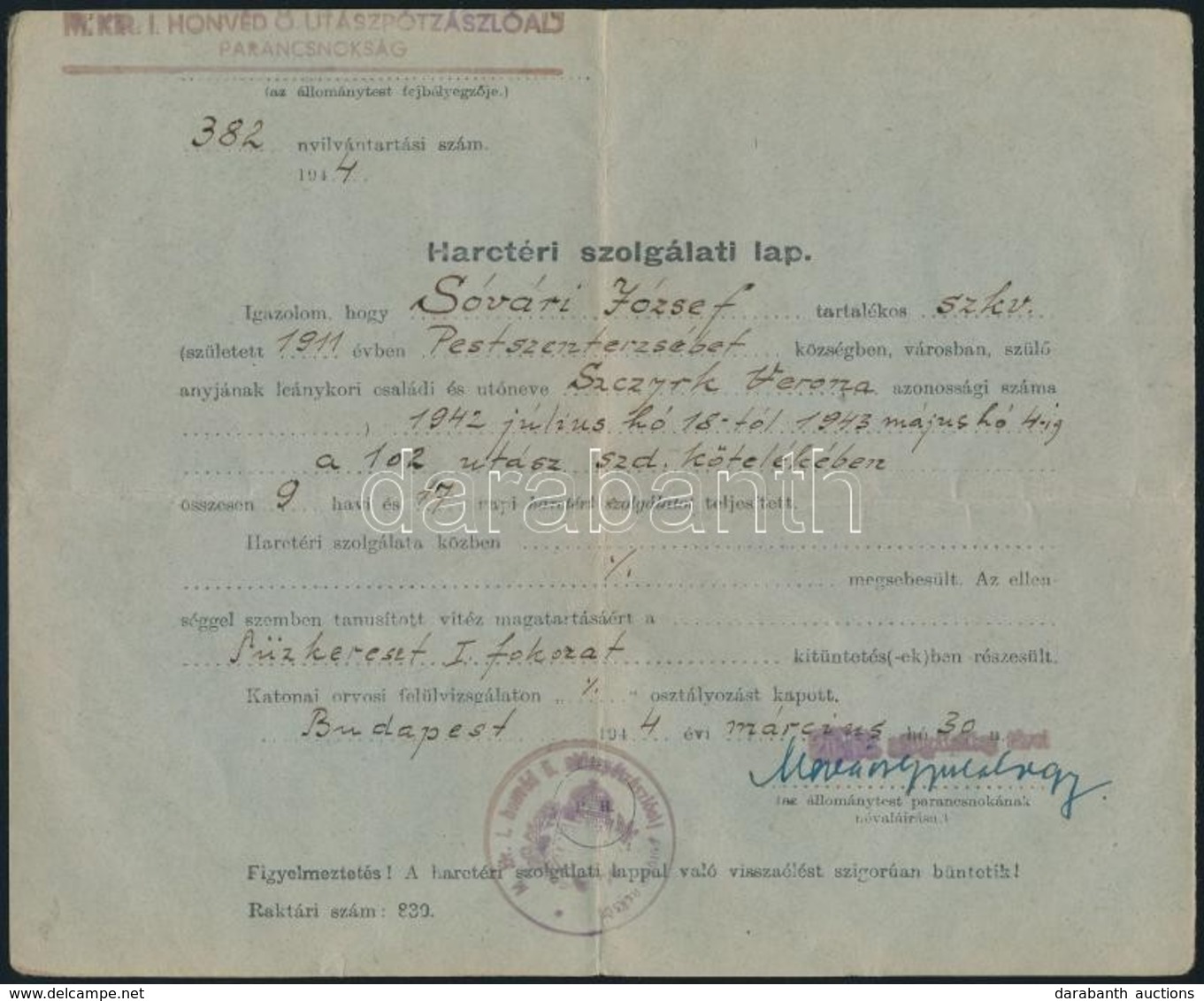 1944 Harctéri Szolgálati Lap Utász Részére - Other & Unclassified