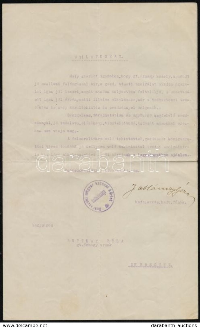 1921 Debrecen, Hadbizottsági Nyilatkozat, Pecséttel, Aláírással - Autres & Non Classés