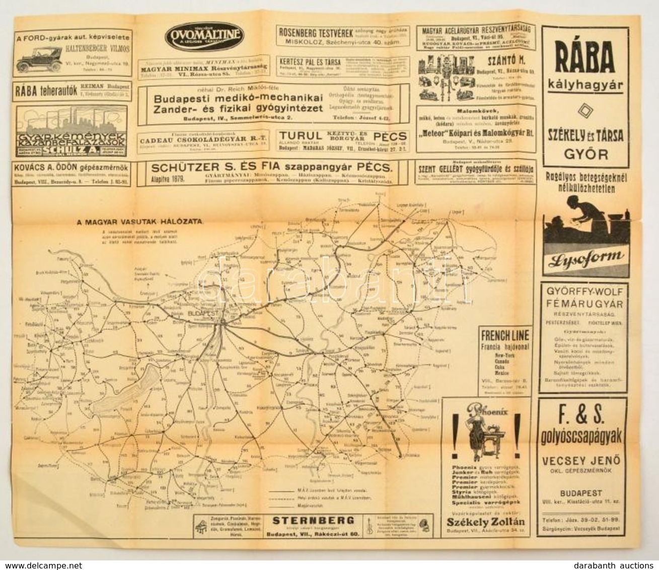 Cca 1920-1940 Magyar Vasutak Hálózata, Rengeteg Korabeli Reklámmal, Szakadással, 27x39 Cm - Other & Unclassified