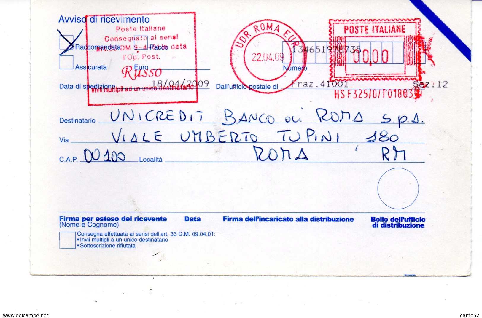 2009 Affrancatura Meccanica Rossa EMA Freistempel Roma Eur Agenzia Recapito RUSSO Su Avviso Di Ricevimento - Macchine Per Obliterare (EMA)