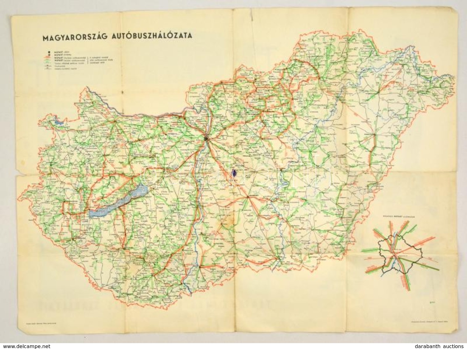 Magyarország Autóbuszhálózata, MÁVAUT-térkép, Hajtások Mentén Kis Szakadásokkal, 58×80 Cm - Other & Unclassified