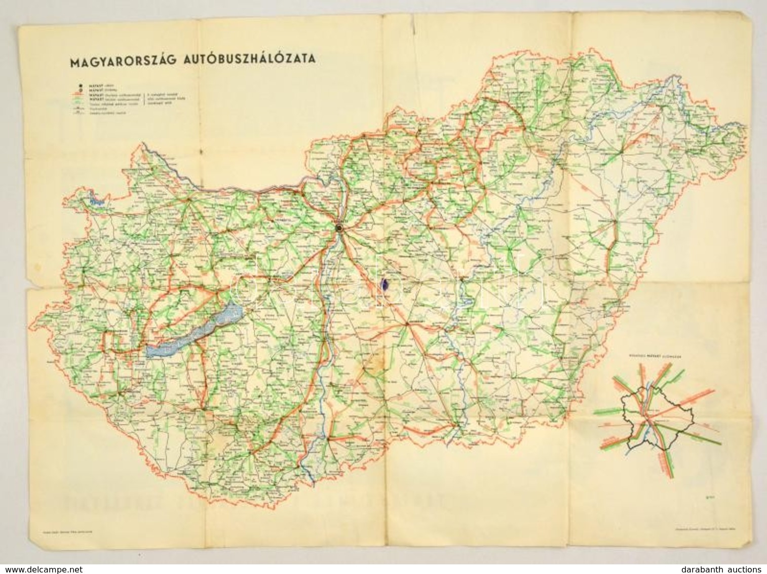 Magyarország Autóbuszhálózata, MÁVAUT-térkép, Hajtások Mentén Kis Szakadásokkal, 58×80 Cm - Sonstige & Ohne Zuordnung