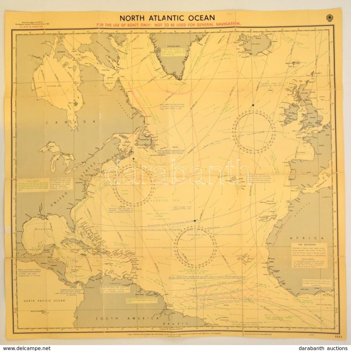 1960 North Atlantic Ocean, Nagyméretű Térkép, Hydrographic Office, A Hajtások Mentén Kis Sérülésekkel, 85×80 Cm - Otros & Sin Clasificación