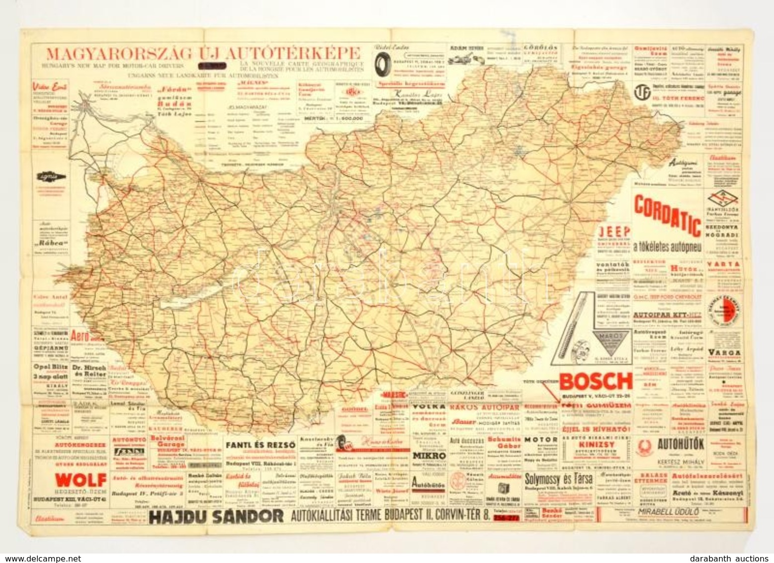 Cca 1930-1940 Magyarország új Autótérképe. A Hátoldalon Utcanévjegyzékkel. Korabeli Reklámokkal. Bp., Huschlt-nyomda, A  - Autres & Non Classés