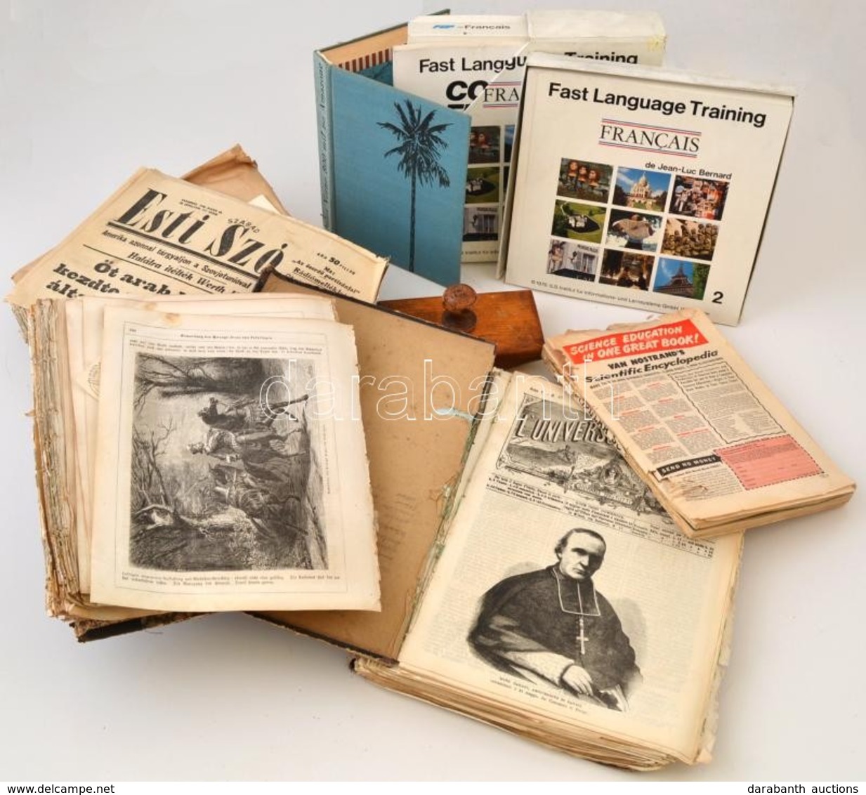 Régi újságok Az 1870-es évekből, Régi Dokumentumok (sérültekkel) 3 Kötetes Francia Nyelvkönyv, Kazettákkal - Unclassified