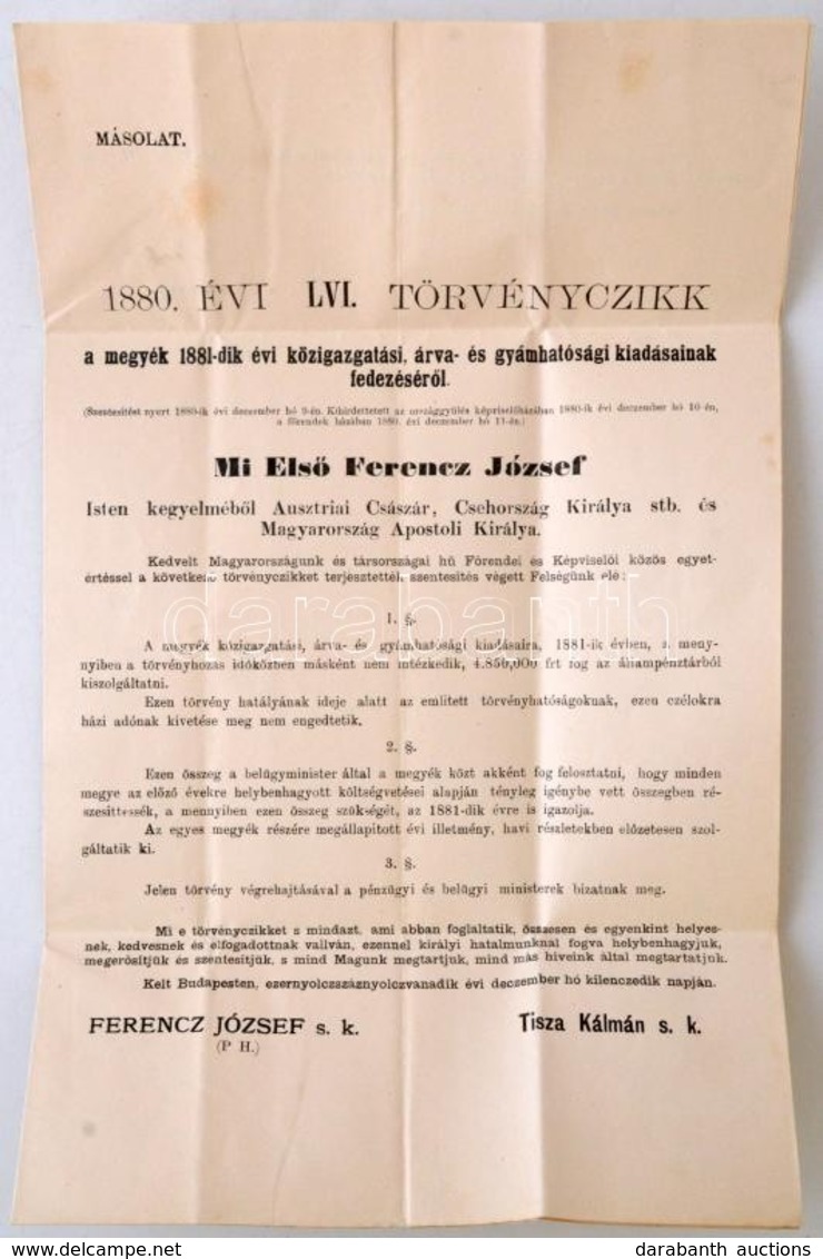 1880 Az 1880. évi LVI. Tc. (a Megyék 1881-dik évi Közigazgatási, árva- és Gyámhatósági Kiadásainak Fedezéséről) Hitelesí - Unclassified