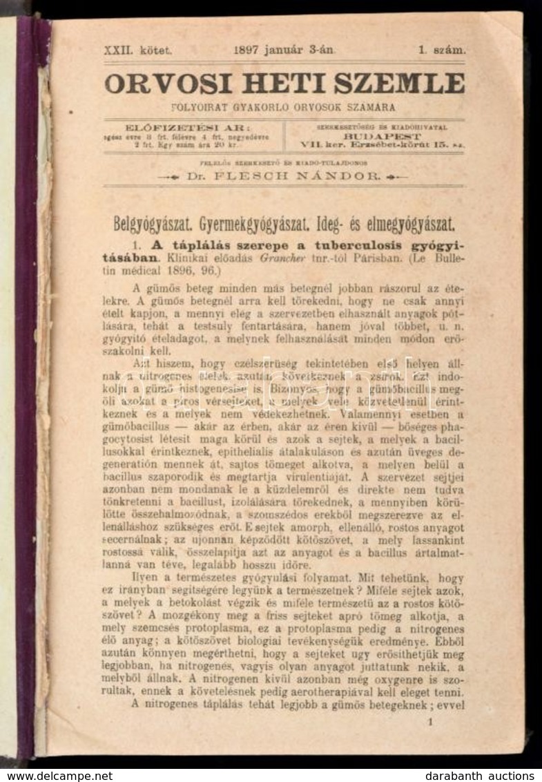 1897 Orvosi Heti Szemle XII. Kötet. 1-26. Sz. Fél évfolyam,(január-június.) Szerk.: Dr. Flesch Nándor. Aranyozott Egészv - Unclassified