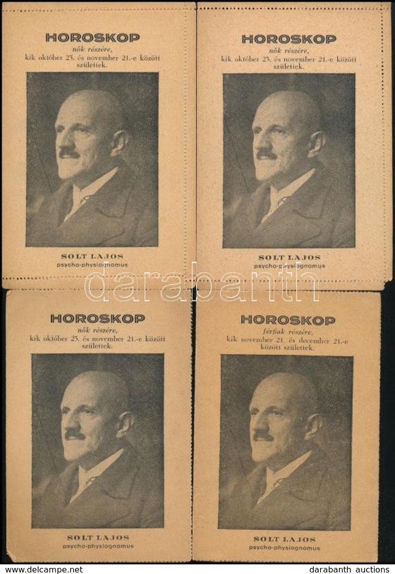 Cca 1910 Horoskop Férfiak és Nők Részére. Solt Lajos Psycho-physiognomus.  4 Db Zárt, Perforált Levelezőlap Formátumú Ny - Unclassified