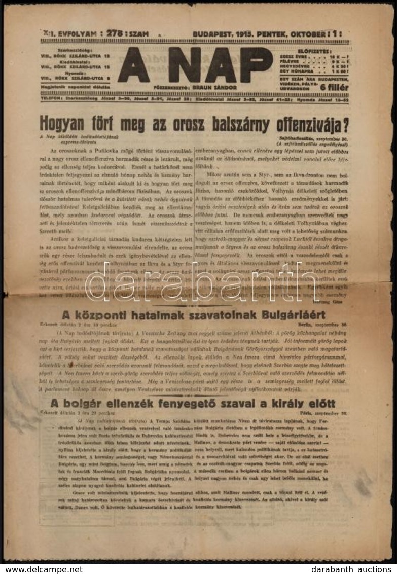 1915 A Nap 2 Száma, 1915. Junius 4.,1915. Okt. 1. XII. évf. 156 Sz.,278. Sz. Benne A Kor, Az I. Világháború Híreivel, Kö - Sin Clasificación