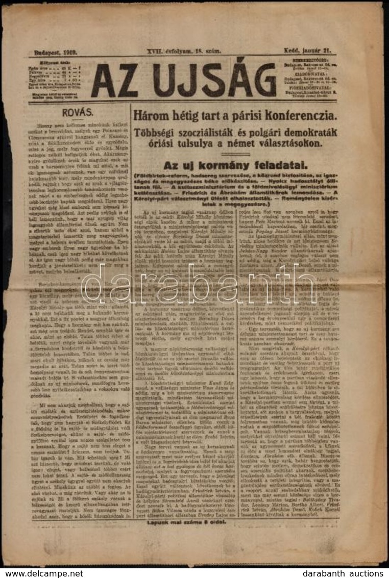 1919 Az Újság 2 Száma: 1919. Jan. 21-22., XVII. évf. 18-19. Szám, 6+6 P. Szakadozott ,foltos. Benne A Békekonferencia Hí - Unclassified