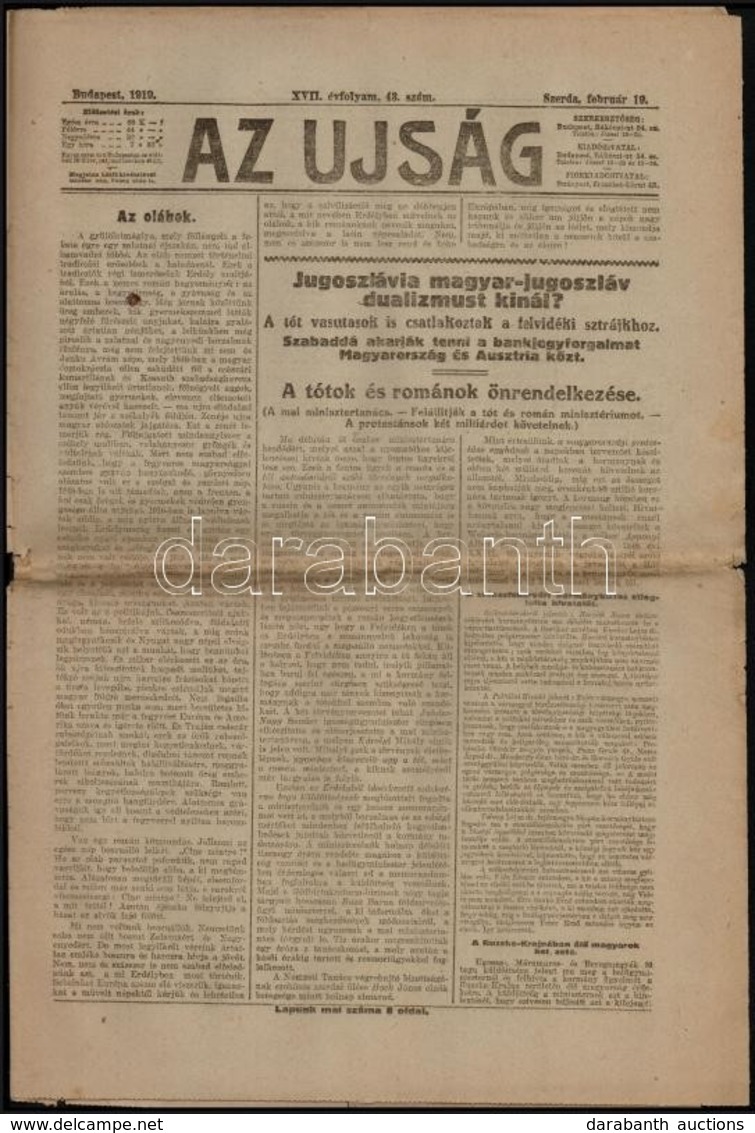 1919 Az Újság 1919. Február 19-20., 27., 8+8+8 P. Benne A Kor Híreivel, Közte A Békekonferenciáról Szóló és Azzal Kapcso - Non Classés