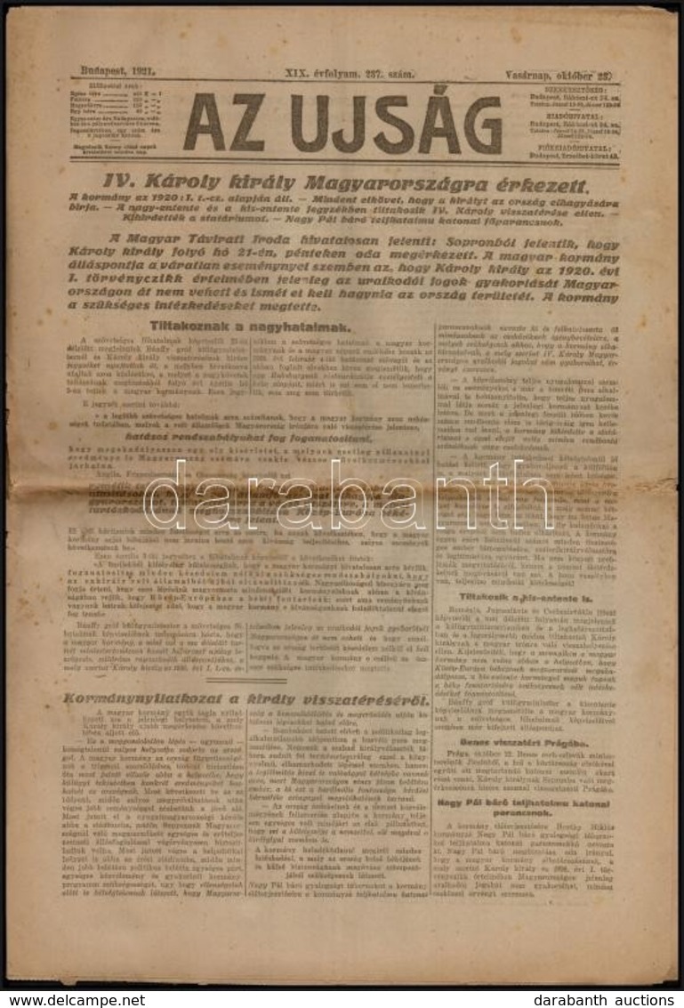 1921 Az Ujság. 1921. Okt. 23., XIX. évf. 237. Sz.. 16 P. 
Benne A Kor Híreivel, Közte: IV. Károly Király Magyarországra  - Non Classés