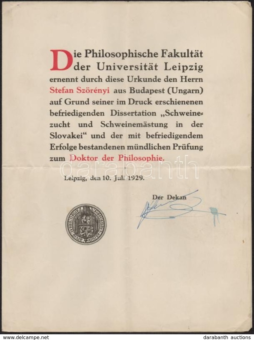 1929 A Lipcsei Egyetem Filozófia Szakának Filozófia Doktori Oklevele Magyar Személy Részére A 'Sertésnevelés és Sertéshí - Sin Clasificación