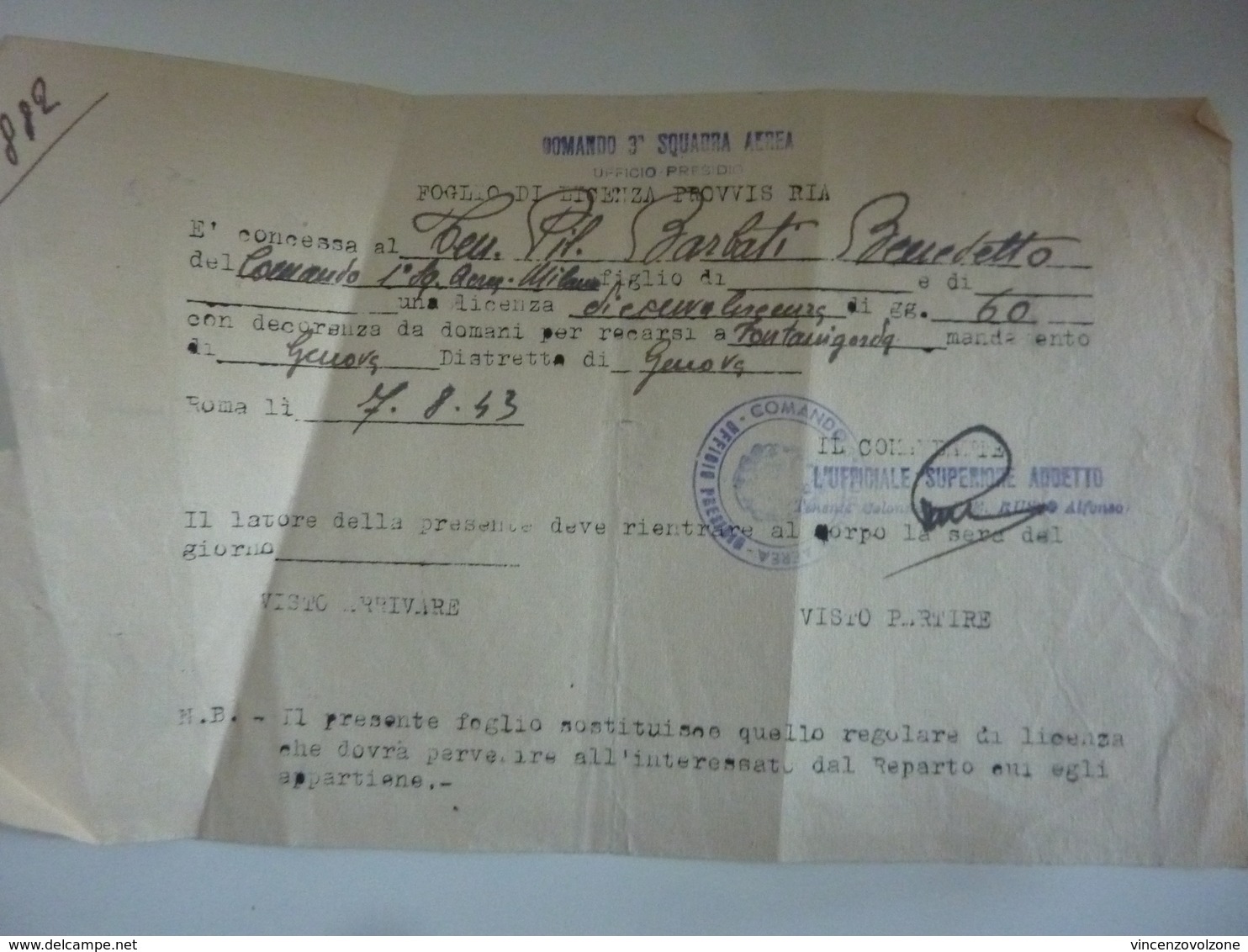 Documento "REGIA AERONAUTICA  FOGLIO DI LICENZA PROVVISORIA Comando Terza Squadra Aerea"  1943 - Documenti Storici
