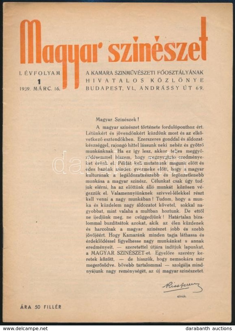 1939 A Magyar Színészet C. Folyóirat Induló Száma. - Sin Clasificación