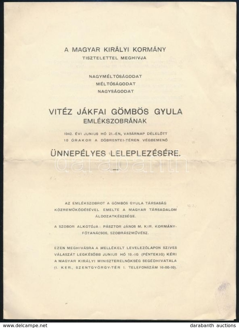 1942 Vitéz Gömbös Gyula (1886-1936) Volt Miniszterelnök Emlékszobrának ünnepélyes Leleplezésére Szóló Belépőjegy és Az ü - Non Classés