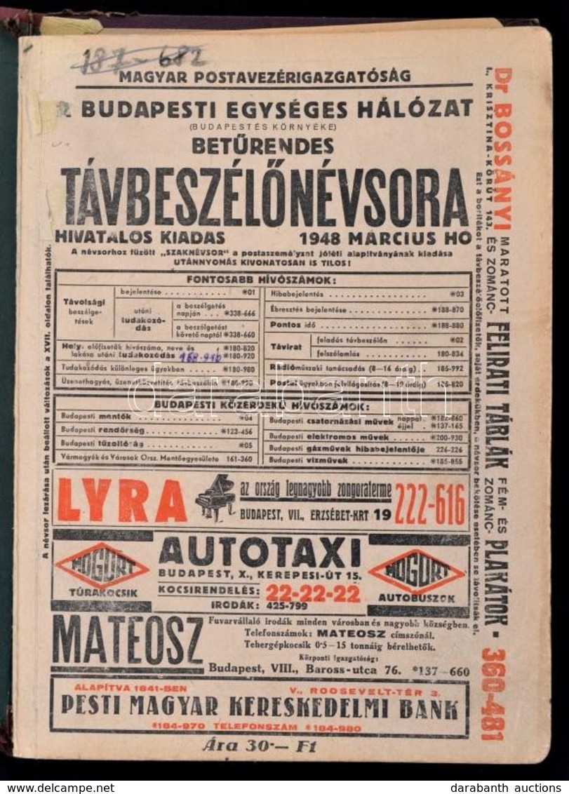 1948 Budapesti Egységes Hálózat (Budapest és Környéke) Betűrendes Távbeszélőnévsora. - Budapesti Egységes Hálózat (Budap - Unclassified