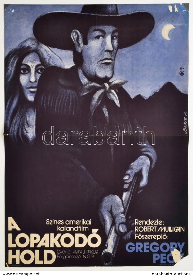 1974 Bakos István (1941-): A Lopakodó Hold, Amerikai Film Plakát, Főszereplő: Gregory Peck, Sarokhiánnyal, 56x39 Cm - Sonstige & Ohne Zuordnung