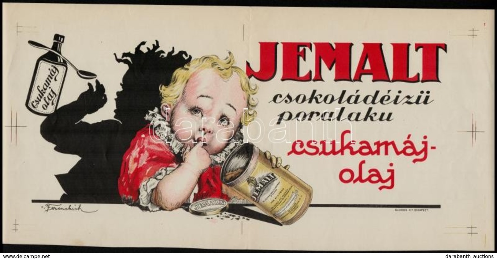 Cca 1920 Jemalt Csokoládé ízű Csukamájolaj Reklám Plakát, Jelzett (v. Ferenchich), Globus Rt. 21x45 Cm - Autres & Non Classés