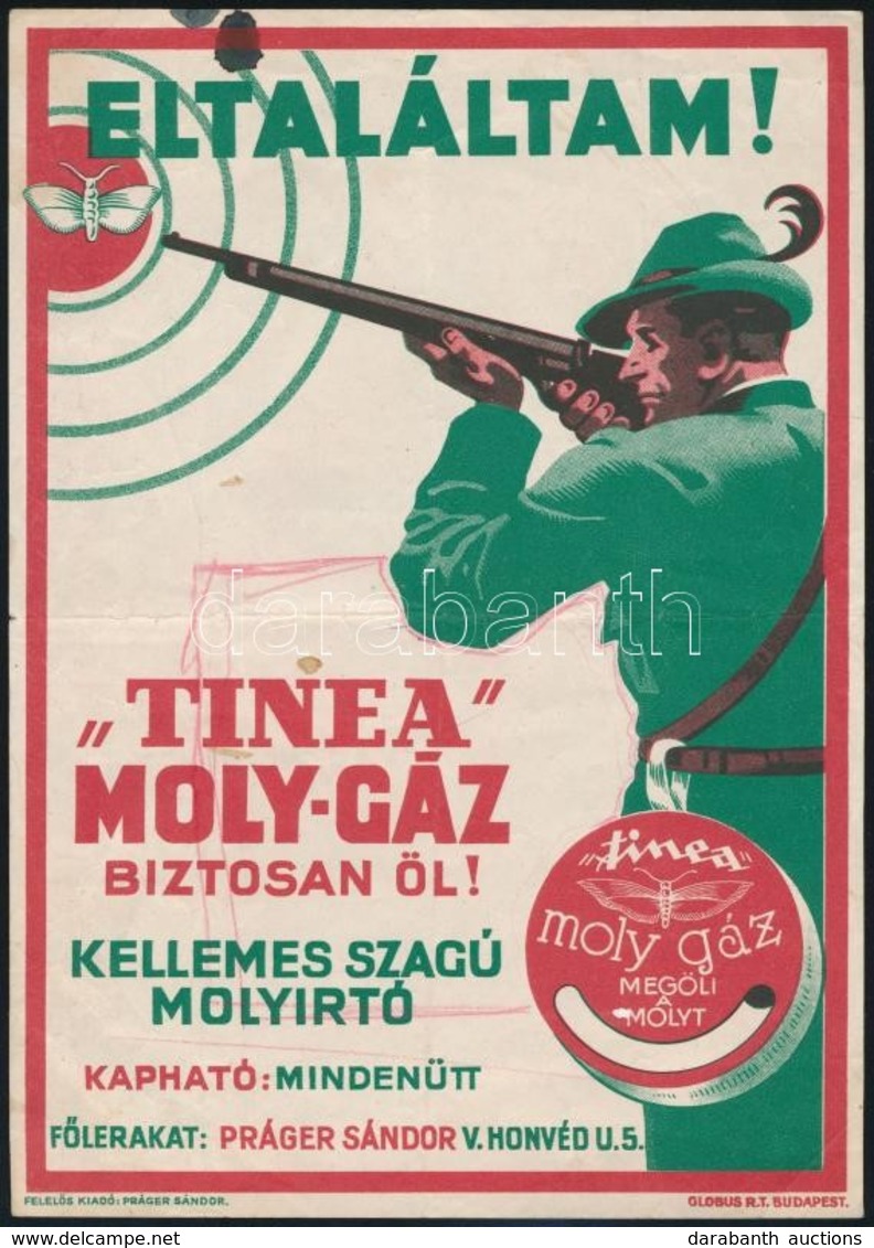 Cca 1930 Tinea Moly Gáz, Reklám Kisplakát, Globus Rt., 24x17 Cm - Other & Unclassified
