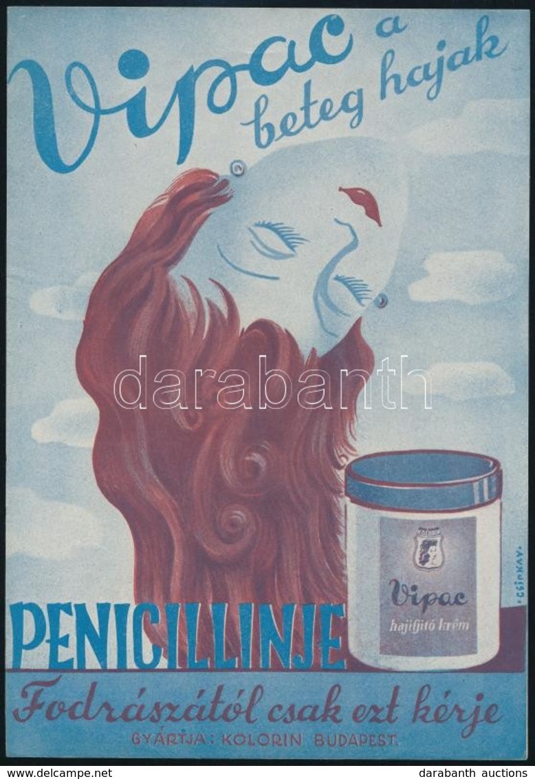 1930 Vipac Hajifjító Krém, Jelzett (Csirkay) Kisplakát, Szép állapotban, 24×17 Cm - Sonstige & Ohne Zuordnung
