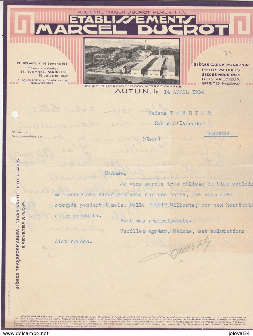 Facture Lettre Illustrée 1934 M DUCROT Meubles Bois Précieux AUTUN Saône Et Loire Renseignements Sur Bonne Réponse Verso - 1900 – 1949