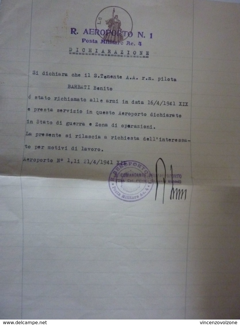 Documento "R. AEROPORTO N.°1 Posta Militare DICHIRAZIONE DI RICHIAMO ALLE ARMI TENENTE  - REGIA AERONAUTICA" 1941 - Documenti Storici