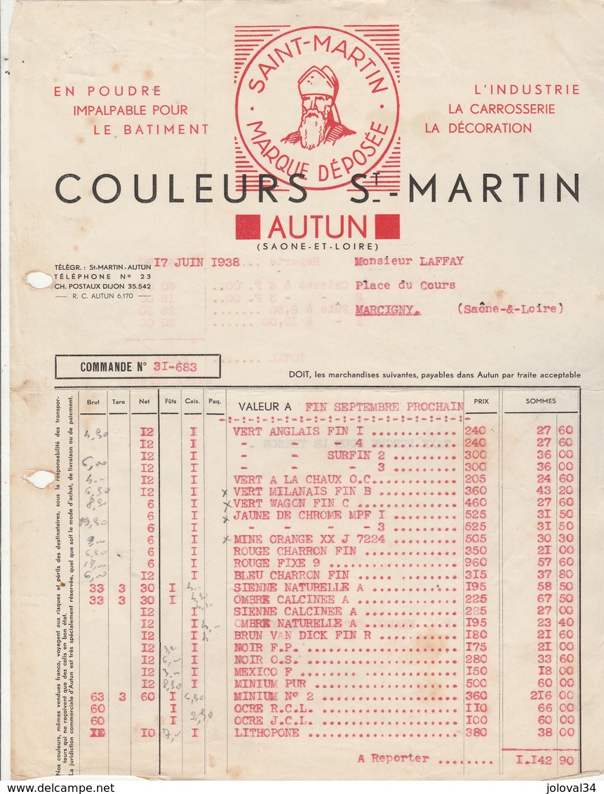 Facture Illustrée 17/6/1938 Couleurs ST MARTIN Industrie Carrosserie AUTUN Saône Et Loire  à Laffay Marcigny - 1900 – 1949