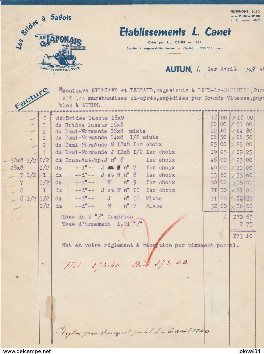 Facture Illustrée 1/4/1940 Erts CANET Bides à Sabots Au Japonais AUTUN Saône Et Loire - 1900 – 1949