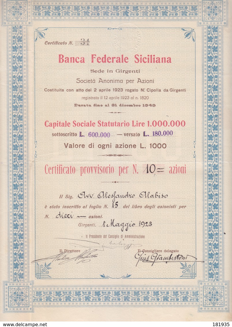 Banca Federale Siciliana Agrigento-Certificato Provvisorio Per N.10 Azioni Da L.1000-Sicily Italy Italia - Altri & Non Classificati