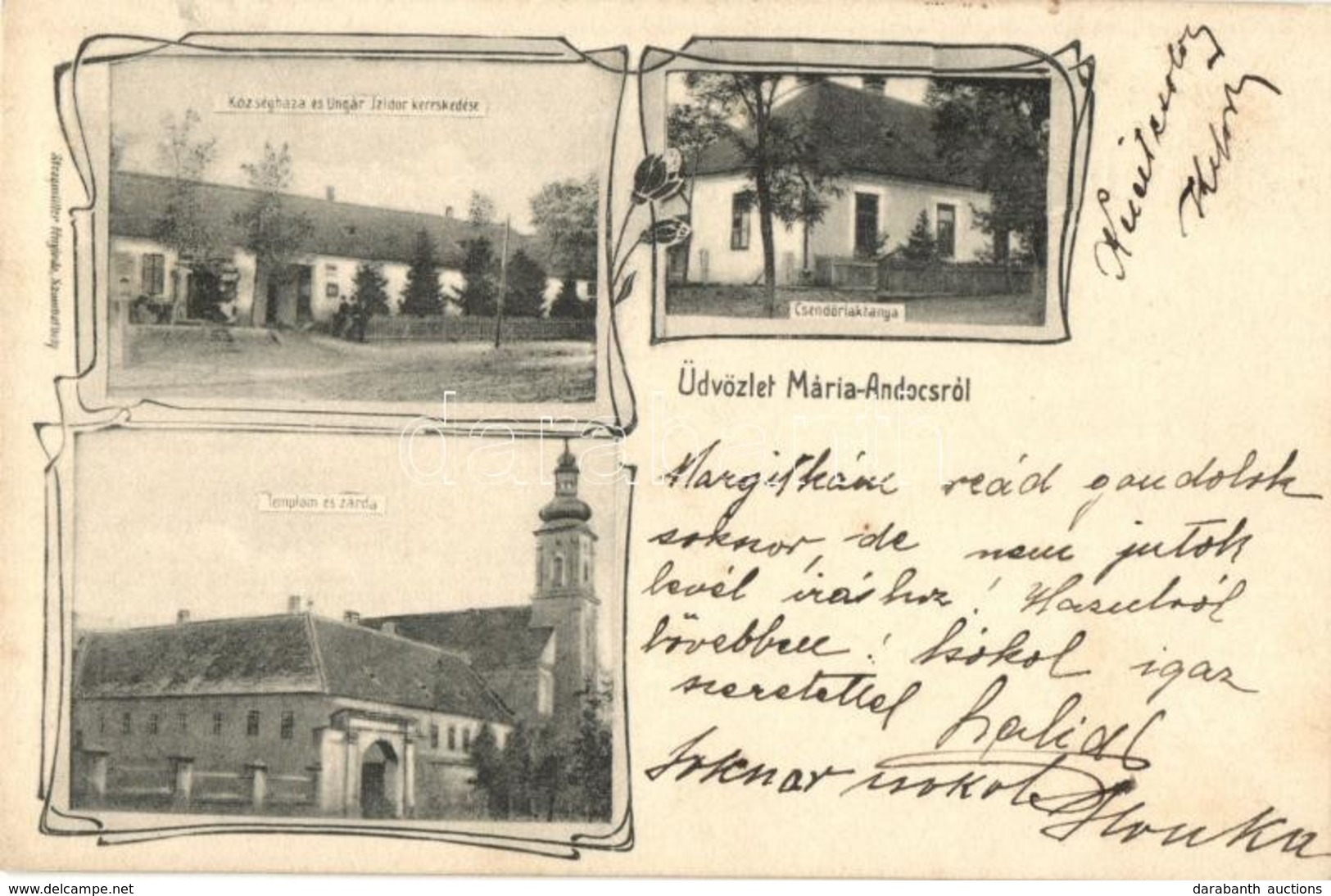 T2 1907 Andocs, Mária-Andocs; Községháza, Ungár Izidor üzlete, Csendőr Laktanya, Templom és Zárda. Steegmüller Fényirda - Unclassified