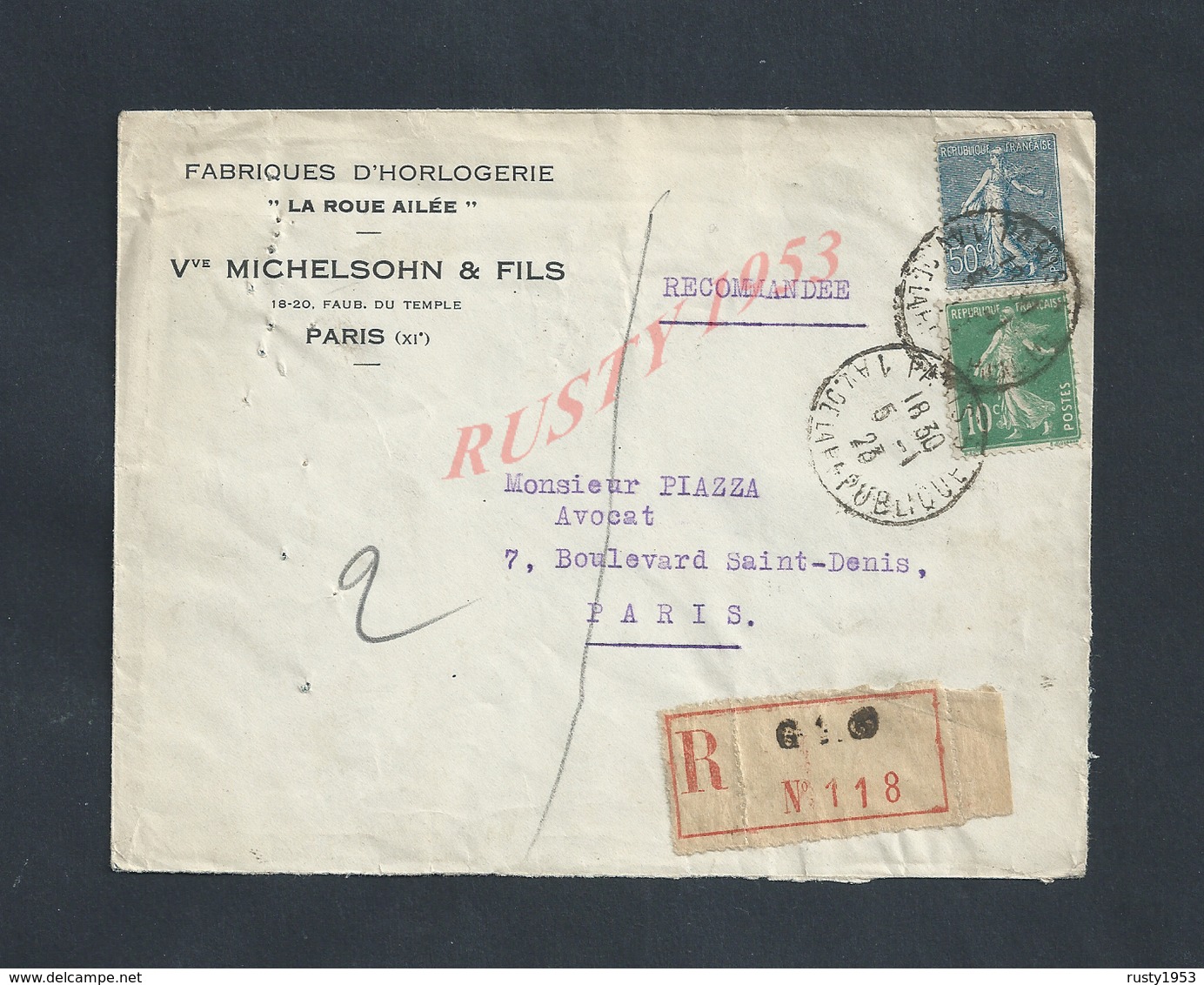 LETTRE COMMERCIALE SUR TIMBRES EN Ar  MICHELSOHN & FILS  HORLOGERIE À PARIS LA ROUE AILÉE & Faub DU TEMPLE :: - 1900 – 1949