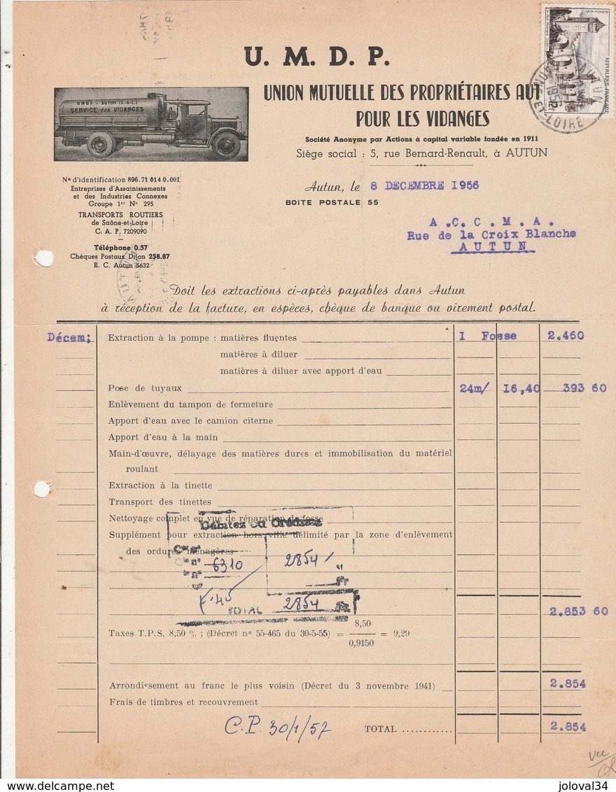 Facture Illustrée Camion 8/12/1956 UMDP Union Mutuelle Propriétaires Autunois Pour Vidanges AUTUN Saône Et Loire - 1950 - ...