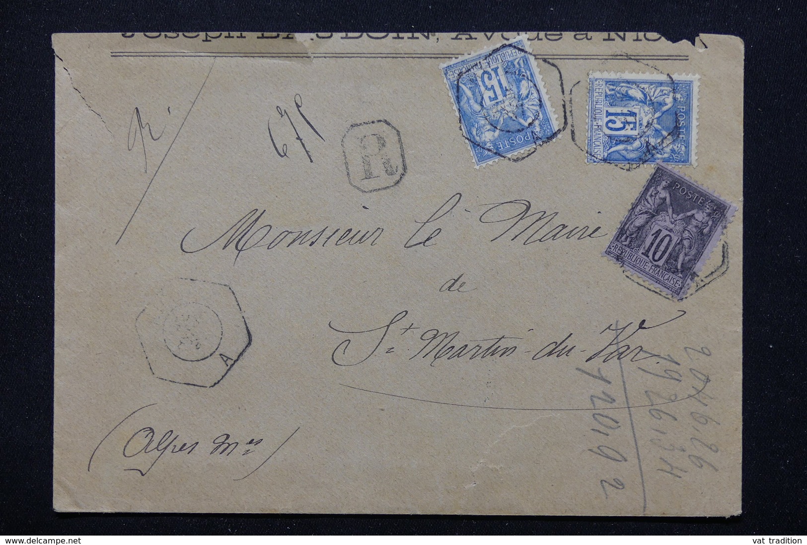 FRANCE - Enveloppe En Recommandé Pour Saint Martin Du Var En 1907  , Affranchissement Sages - L 21290 - 1877-1920: Période Semi Moderne