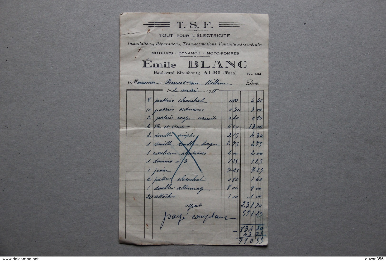 Facture T.S.F. Tout Pour L'électricité, Emile Blanc à Albi (Tarn), 1938 - Autres & Non Classés