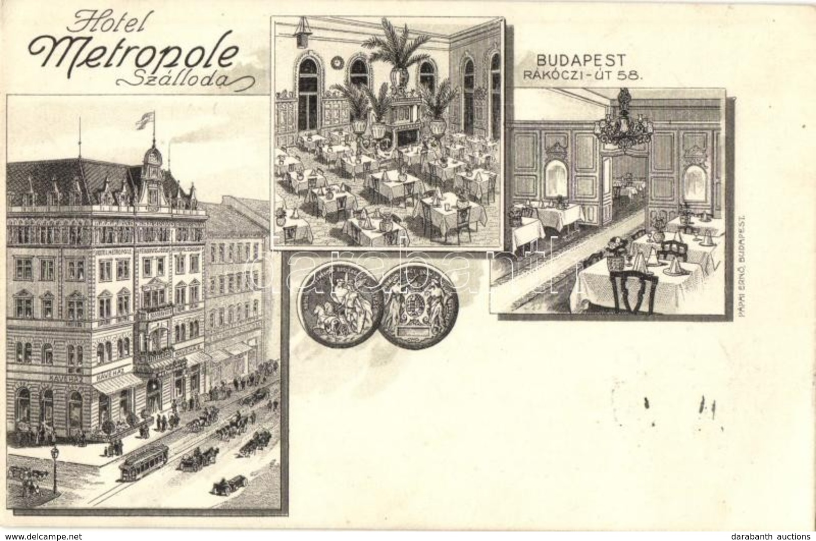 T2 Budapest VII. Rákóczi út 58. Hotel Metropole Szálloda Reklámlapja, Belsők, Villamos. Pápai Ernő Kiadása, Litho - Unclassified