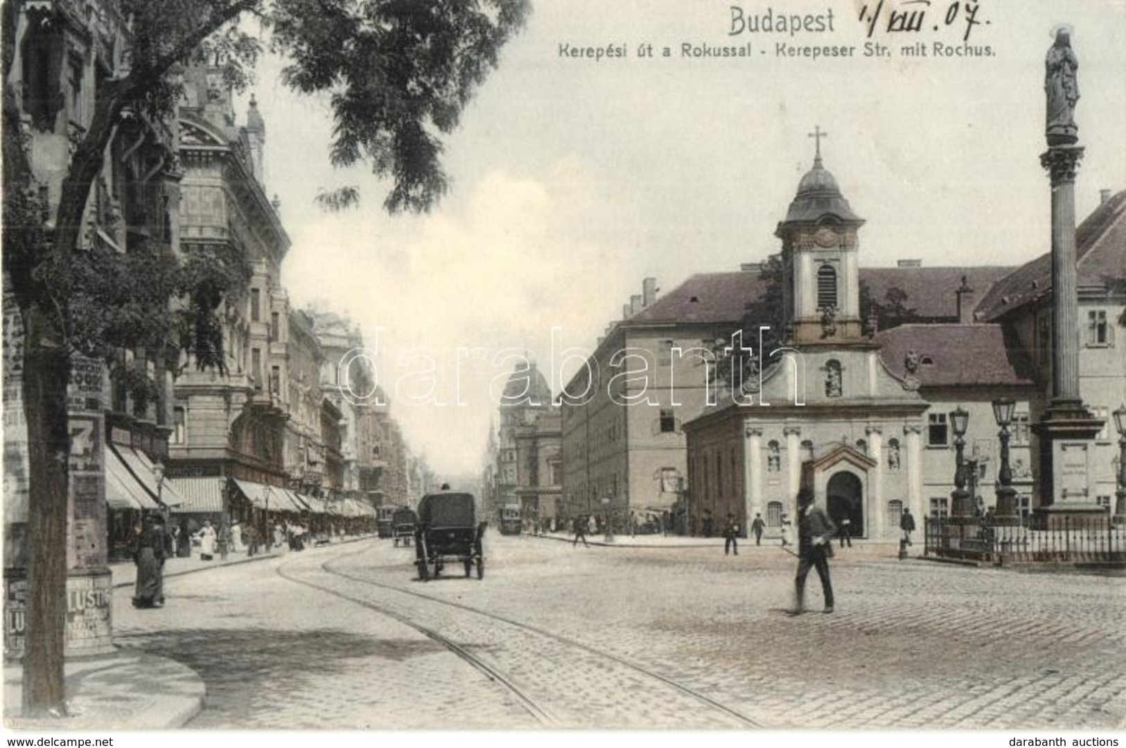 T2 1907 Budapest VIII. Rákóczi út (Kerepesi út) Rókus Kórház, Templom, Villamos - Unclassified