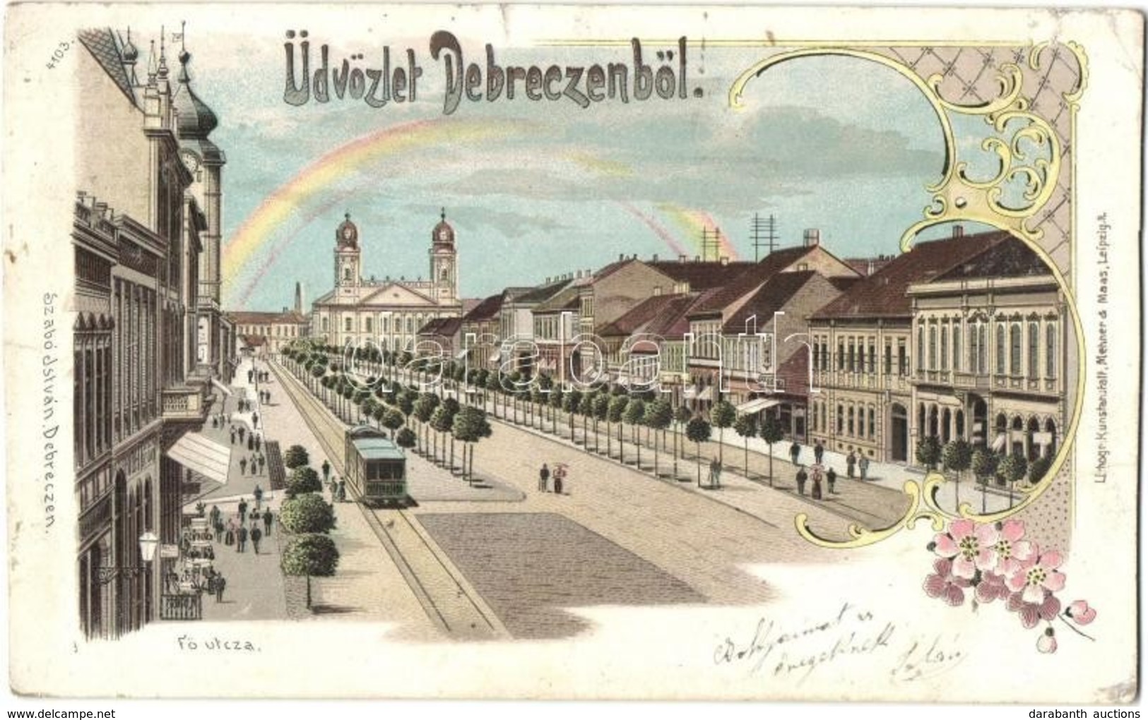 T3 1899 Debrecen, Fő Utca, Városi Kisvasút. Szabó István Kiadása. Art Nouveau, Floral, Litho (r) - Unclassified