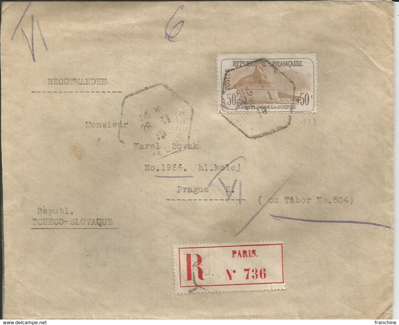 1917 - N°153 Oblitéré (o) - Seul Sur Lettre RECOMMANDEE Vers PRAGUE - RRR - Lettres & Documents