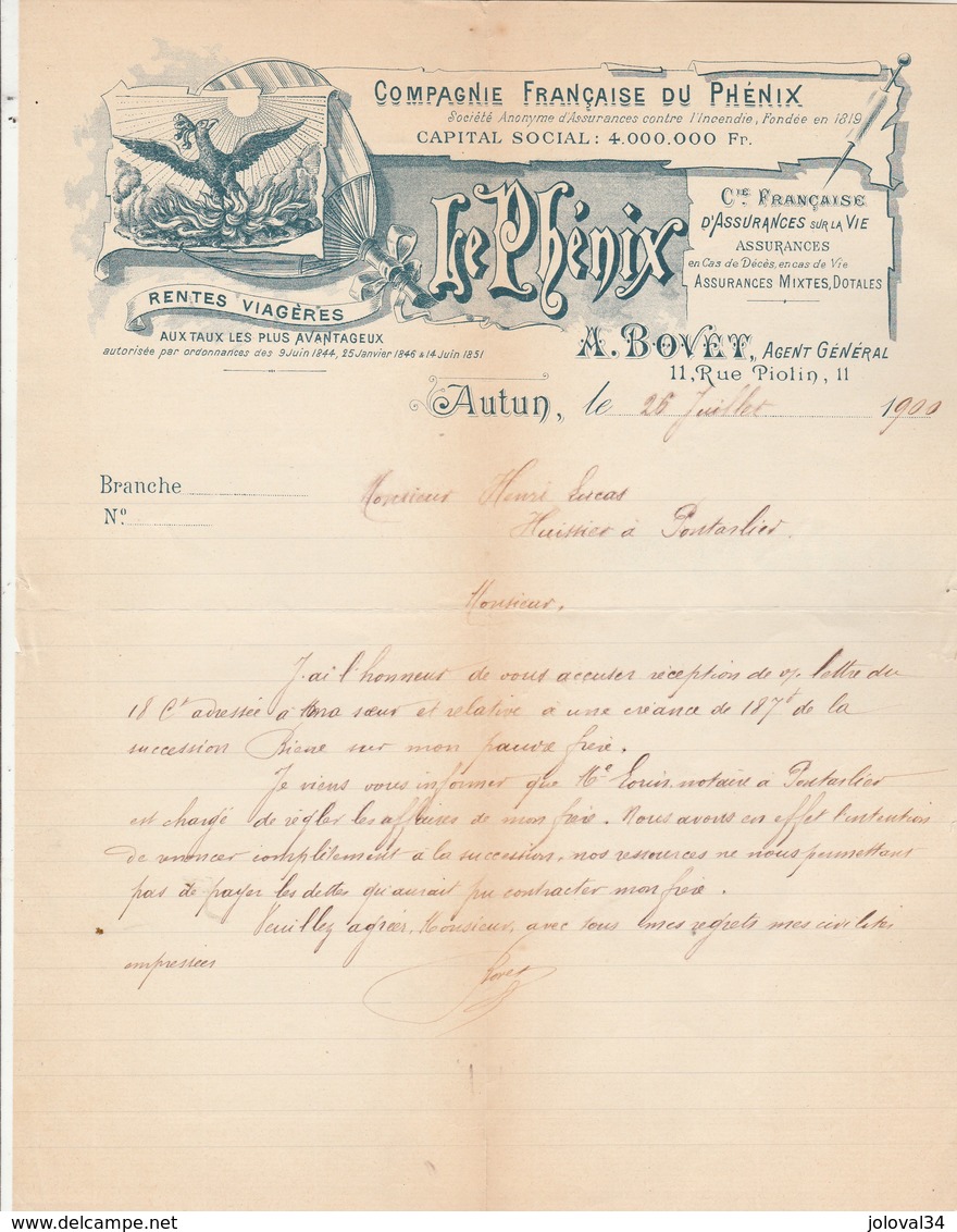 Facture Lettre Illustrée 26/7/1900 BOVET Compagnie Assurances Le Phénix AUTUN Saône Et Loire - Banque & Assurance