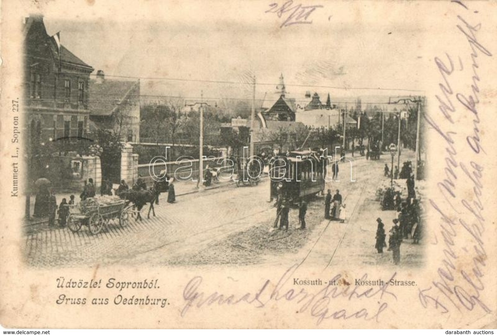 T2/T3 1901 Sopron, Oedenburg; Kossuth út, Feldíszített Villamos Magyar Címerrel, Varga és Dukász üzlete, Piac. Kiadja Ku - Unclassified