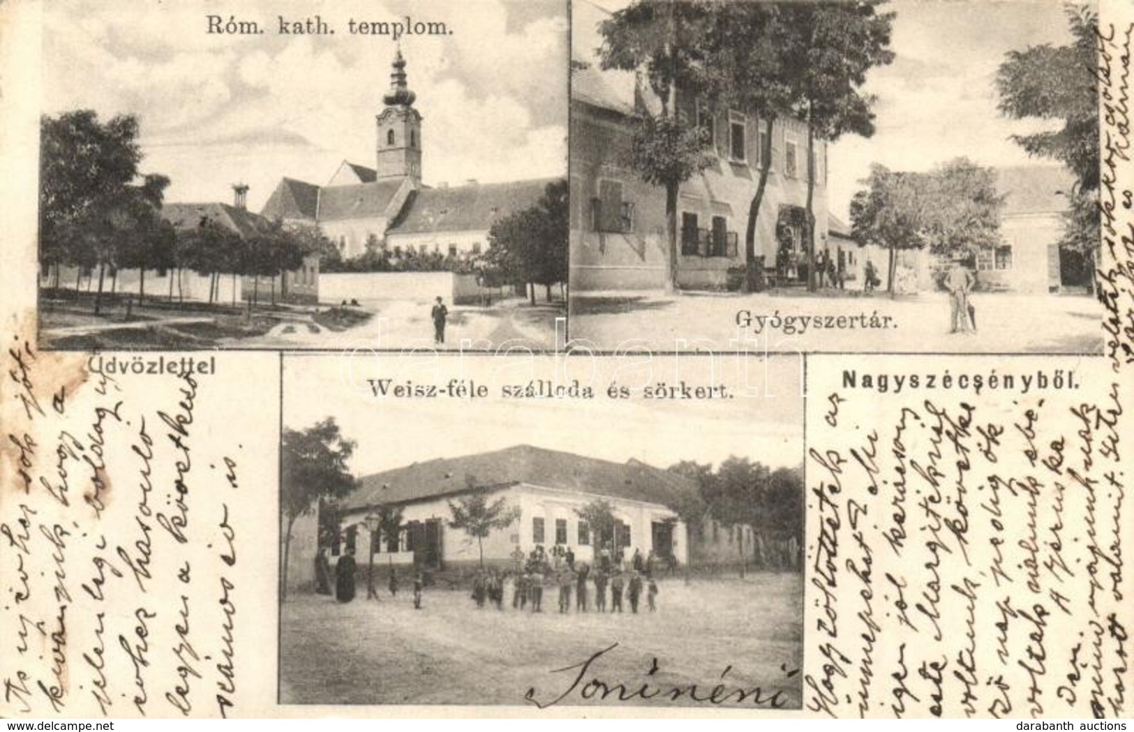 T2/T3 1904 Szécsény, Nagyszécsény (Nógrád); Római Katolikus Templom, Gyógyszertár, Weisz-féle Szálloda és Sörkert - Unclassified